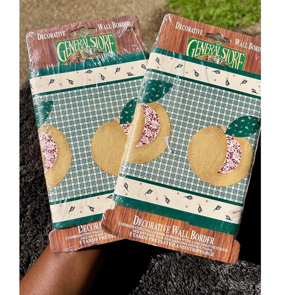 The General Store Wall Border 5 Yds Green Peach Fruit Plaid Vintage New 2pk